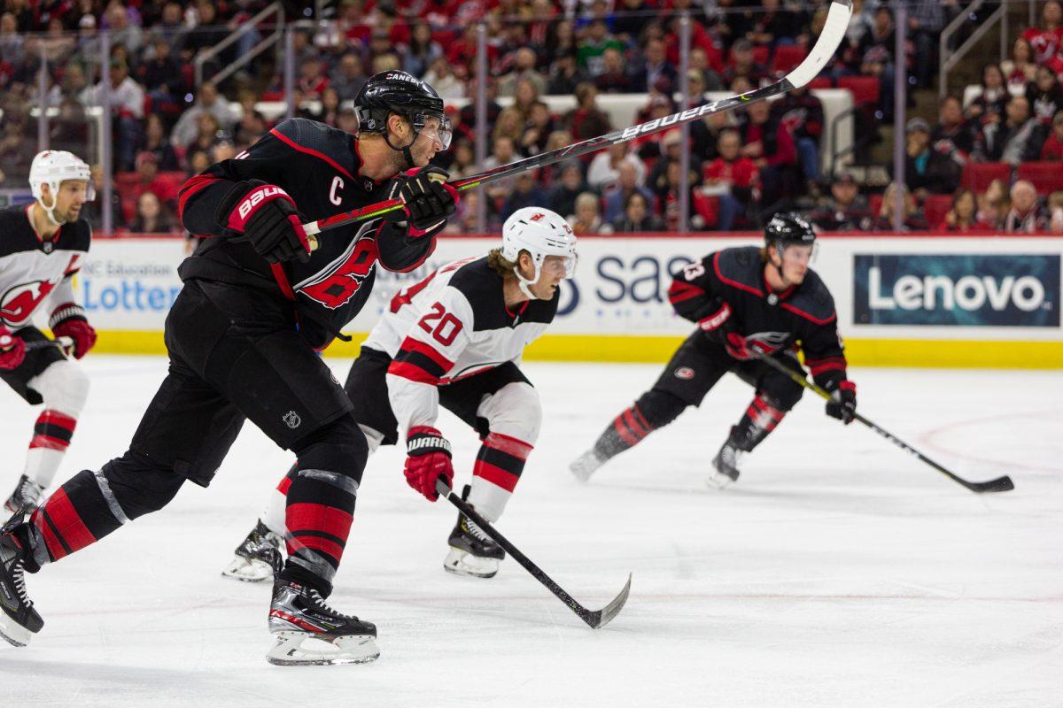 Hurricanes center Jordan Staal takes a shot in the first period versus the Devils on Friday, Feb. 14, 2020 at PNC Arena. Staal had one assist in 19 shifts and won 5 face-offs in the 5-2 win over the New Jersey Devils.