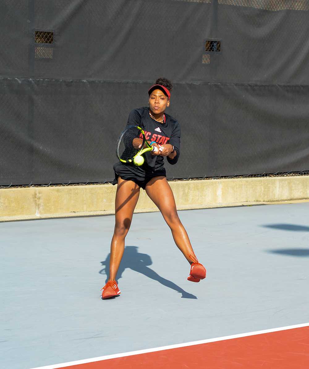 Junior Jaeda Daniel returns the ball during her singles match against Wake Forest at the J.W. Isenhour Tennis Center on Friday, Feb. 28, 2020. Daniel won straight sets, winning 6-4 and 6-3.