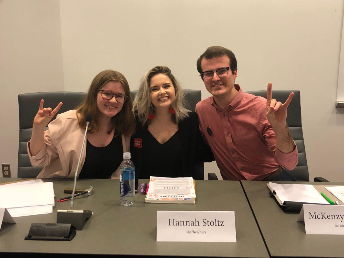 Student body vice president candidates pose for a photo at the Student Media debate on Friday, Feb. 28, 2020 in Talley 4140. (Left to right) Erinn Foote, a second-year studying political science and philosophy; Hannah Stoltz, a second-year studying fashion and textile management; and McKenzy Heavlin, a second-year studying electrical engineering.
