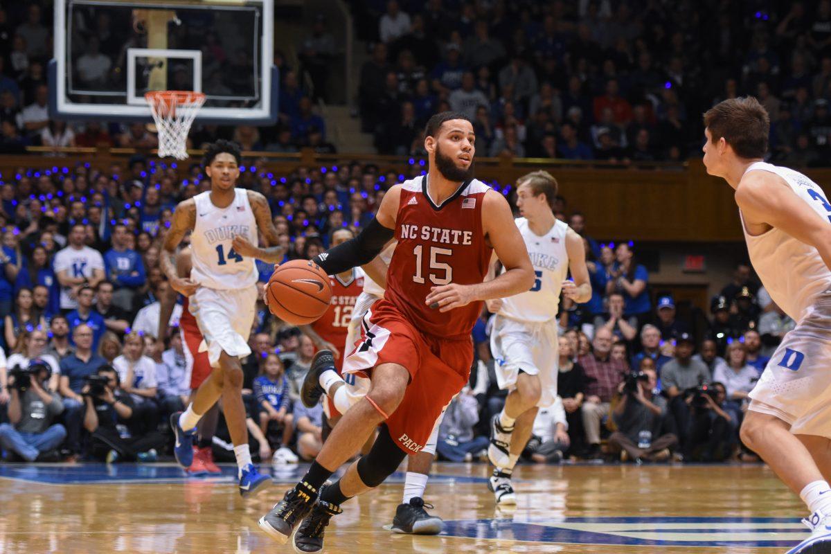 Sophomore guard/forward Cody Martin drives the ball into the paint in the Wolfpack's 80-88 loss to Duke on February 6, 2016.&#160;Martin transferred to Nevada for his final two season in college and was drafted by the Hornets in 2019.&#160;