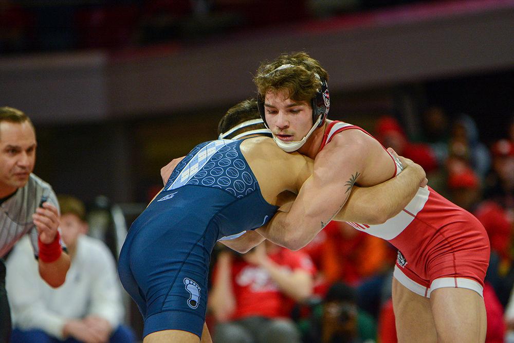 Jarrett Trombley, a Redshirt freshman wrestling at 133 pounds, looks for a takedown against his opponent in the match against the UNC Tar Heels on Saturday, Feb. 7, 2020. In the 18-19 season, Tombley went 20-6 in six open tournaments at 133 pounds.