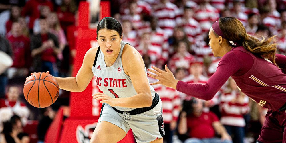 Senior guard Aislinn Konig dribbles against Florida State on Thursday, Jan. 16, 2020 at Reynolds Coliseum. Konig recorded 10 points and six assists as the Wolfpack won 68-51.
