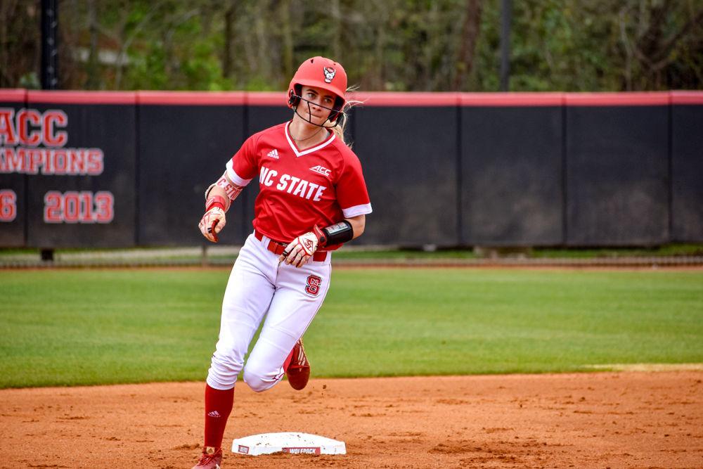 Sophomore outfielder Sam Russ rounds second base on Sunday, April 7, 2019 at Dail Softball Stadium. Russ scored one run as NC State lost to Syracuse 5-3.