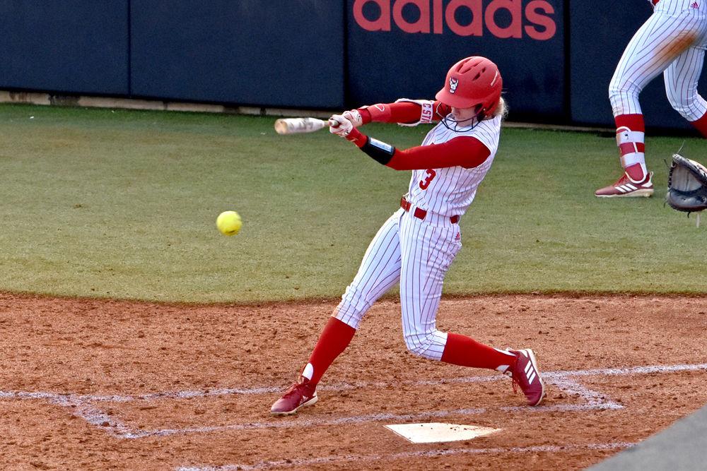 Sophomore outfielder Sam Russ hits against Campbell on Saturday, March 2, 2019 at Dail Softball Stadium. Russ went 1-2 with one run scored and one walk. The Wolfpack won 8-0.