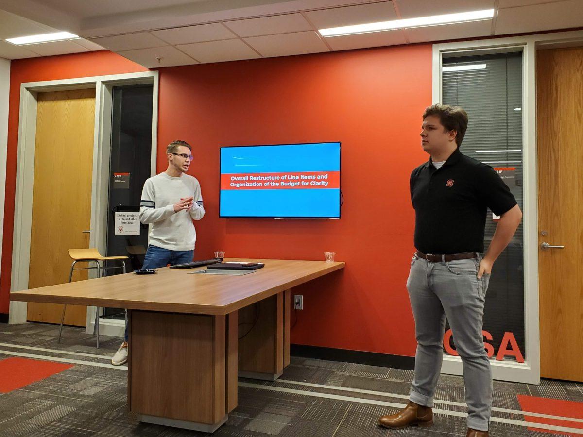 Student Body Treasurer Garrison Seitz, a second-year studying environmental engineering, and Sam Brohaugh, a third-year studying civil engineering and chair of Student Government&#8217;s Finance Committee, lead a presentation about the upcoming Student Government budget on Wednesday, Feb. 19, 2019 in the Student Government Suite of Talley Student Union.