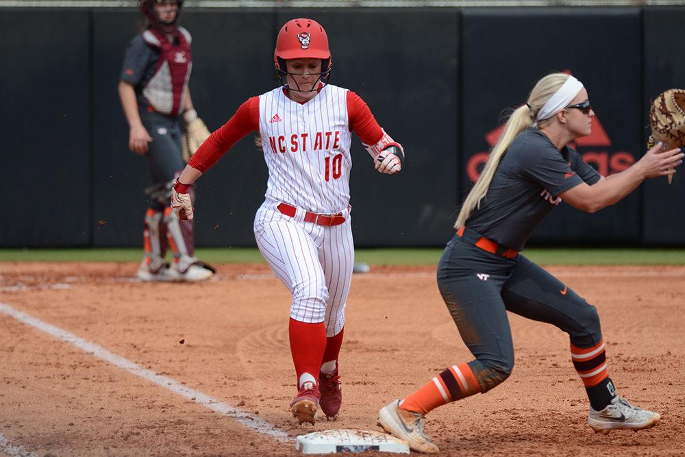 Sophomore infielder Logan Morris sprints to first base against Virginia Tech on March 16, 2019 at Dail Softball Stadium. Morris went 0-2 in the 12-1 loss to the Hokies.