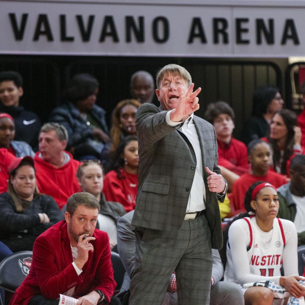 Head coach Wes Moore calls out a play during the 76-68 win over UNC in Reynolds Coliseum on Sunday, Jan. 27, 2020.