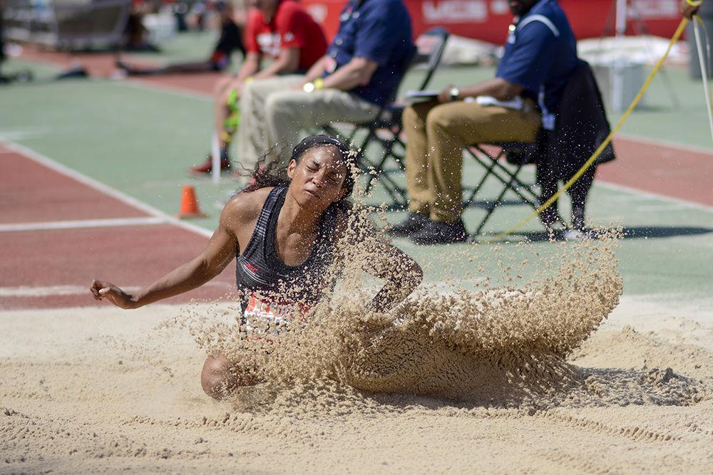 Senior Janel Pate competes in the women&#8217;s long jump at the Raleigh Relays on Friday, March 29, 2019 at Paul Derr Track &amp; Field Facility. Pate placed third in the event with a jump of 5.90 meters.