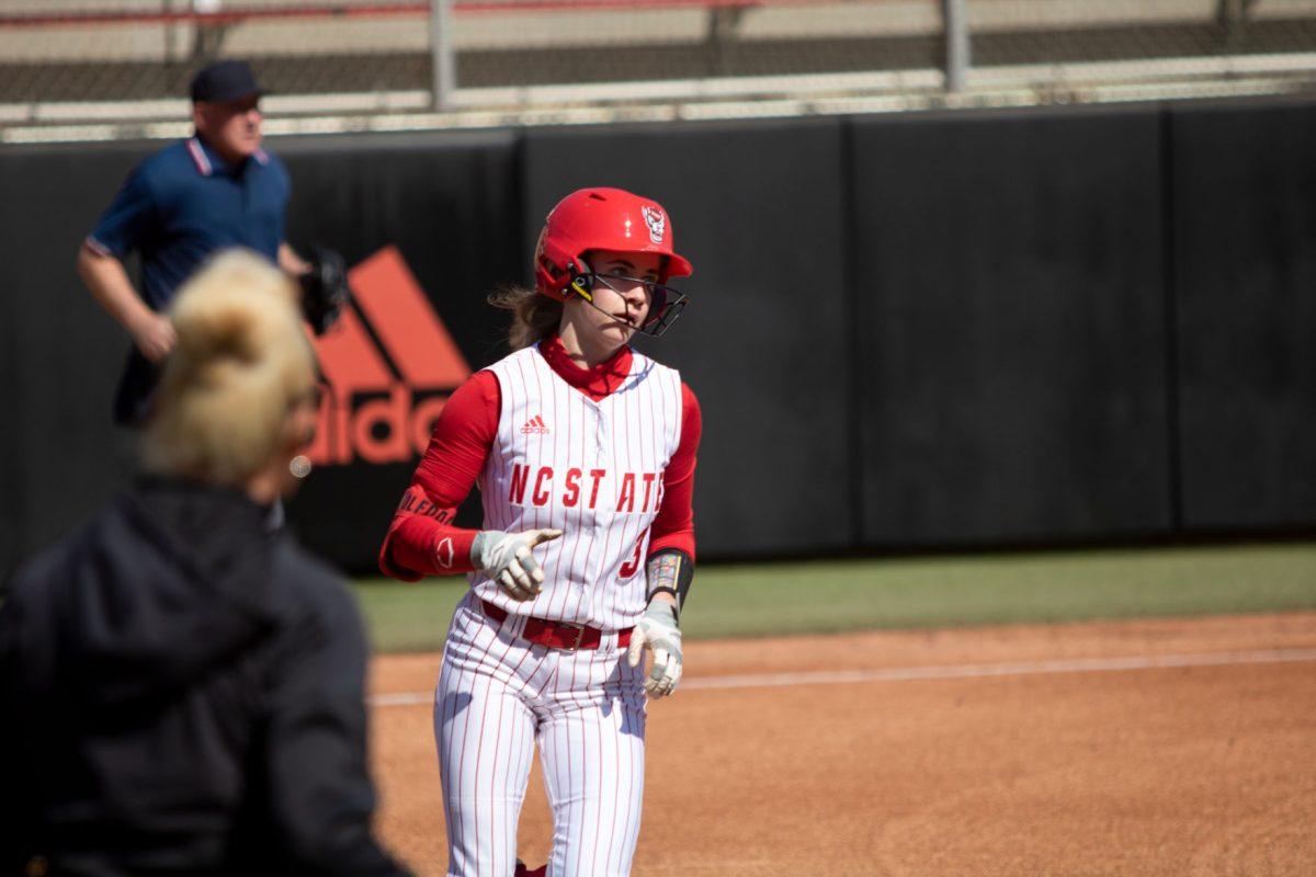 Sam Russ rounds the bases after hitting a solo home run on Friday, Feb. 28 at Dail Softball Stadium. NC State won 12-2 against Lehigh University in only six innings.