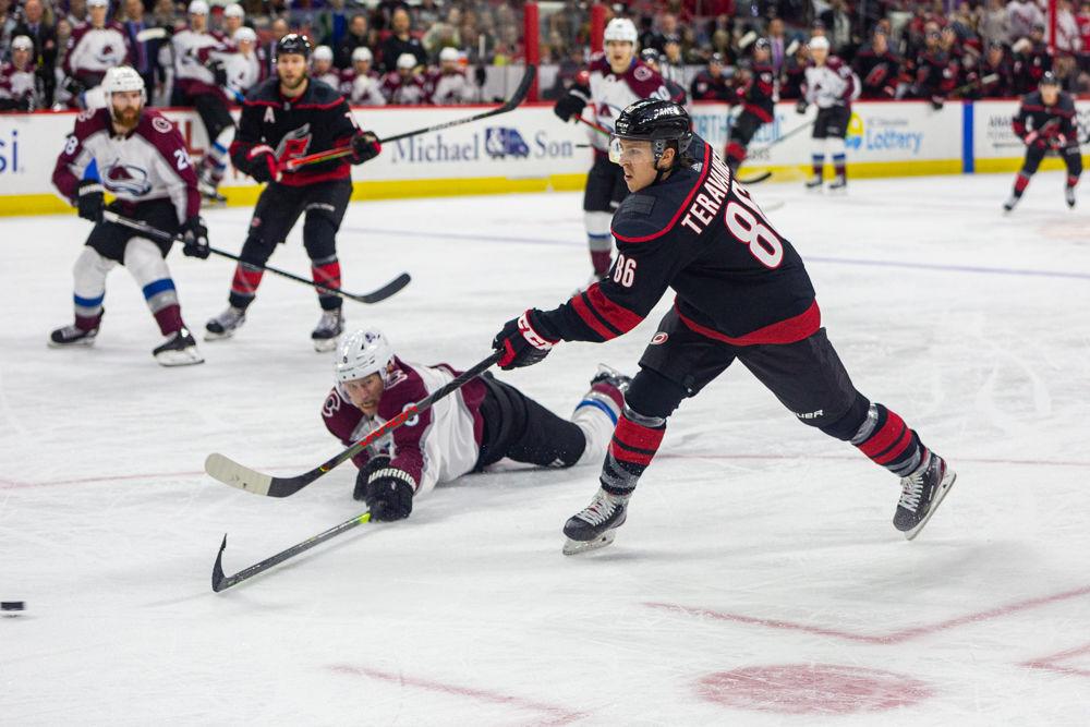 Hurricanes left wing Teuvo Teravainen takes a shot versus the Avalanche on Friday, Feb. 28, 2020 at PNC Arena. Teravainen had two goals on five shots in the 3-2 loss to the Colorado Avalanche.