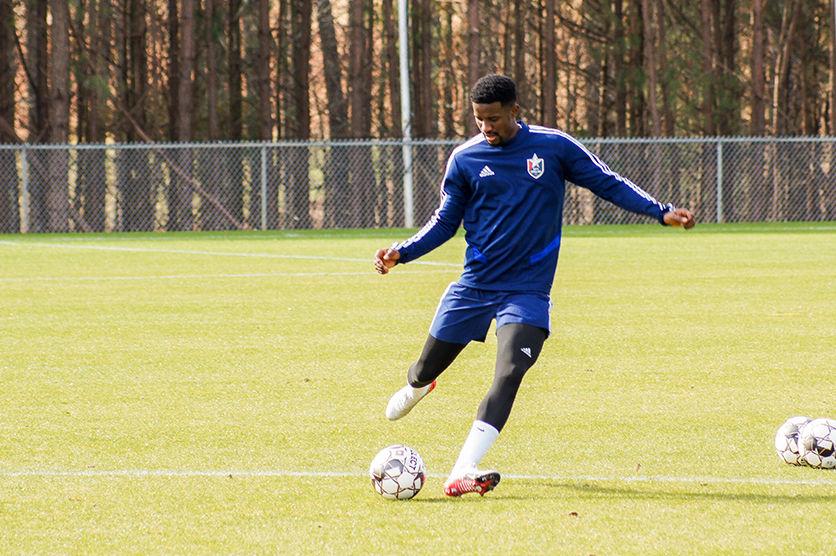 Midfielder Hadji Barry plays a pass during the first NCFC practice of the season on Monday, Feb. 3, 2020, at WakeMed Soccer Park. The club announced Barry's signing on New Year's Day and the playmaker was a first-round pick in the 2016 MLS SuperDraft.