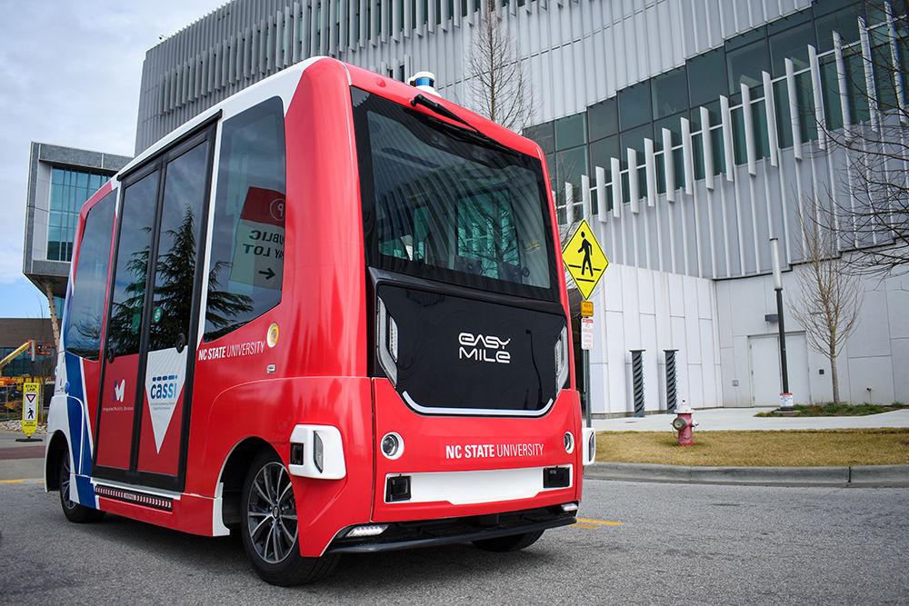 The Connected Autonomous Shuttle Supporting Innovation (CASSI) drives beside the James B. Hunt Jr. Library on Tuesday, Feb. 18, 2020 on Centennial Campus at NC State University. CASSI is part of a partnership between the NCDOT and NC State in order to learn more about autonomous travel technology in hopes that it can be incorporated into the university transportation system in the future. CASSI will be driving on Centennial Campus for a 6-month trial period in 2020.