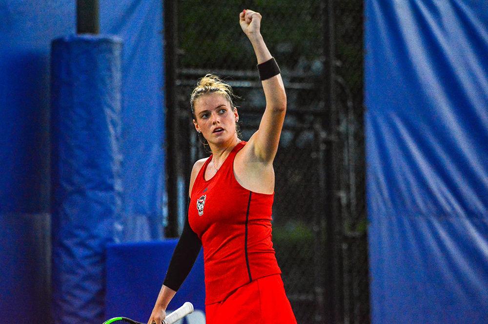Junior Anna Rogers celebrates winning a point against Duke on Friday, May 10, 2019 at Ambler Tennis Stadium in Durham. Rogers&#8217; match against Duke freshman Maria Mateas was halted at 7-6 (2), 0-1 during the Wolfpack&#8217;s 4-0 loss.