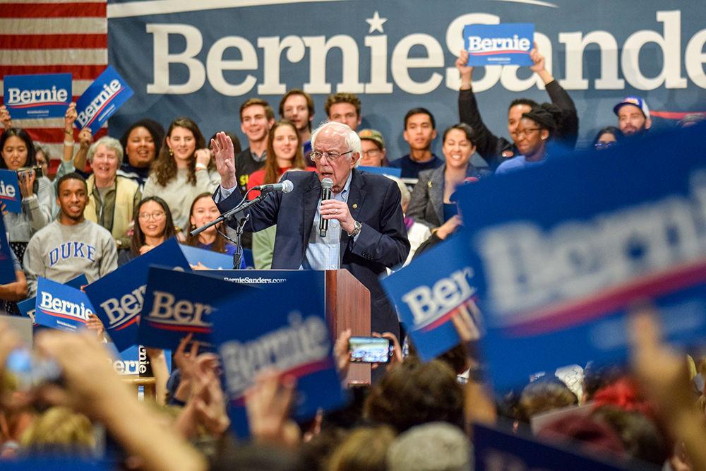 Senator Bernie Sanders, a Democratic candidate for president, speaks to the crowd at his rally at the Durham Convention Center on Feb. 14, 2020, during his tour of North Carolina.