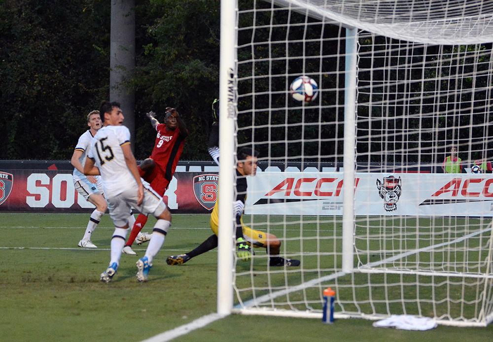 Sophomore forward Kuda Muskwe scores a goal against Notre Dame on Friday, Oct. 4, 2019 at Dail Soccer Stadium. NC State beat Notre Dame 2-0.