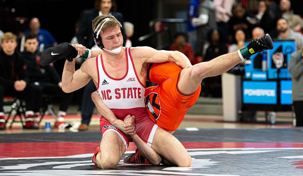 Redshirt junior Daniel Bullard wrestles Princeton senior Kevin Parker on Saturday, Jan. 11, 2020 at Reynolds Coliseum. Bullard defeated Parker 6-0 by fall, helping the Wolfpack to a 29-12 dual win.