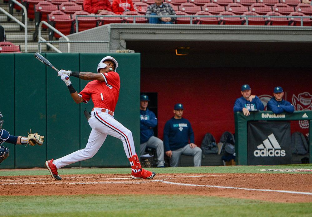 Junior outfielder Terrell Tatum swings the bat during the match against UNCW at Doak Field on Tuesday, Feb. 25, 2020. Tatum had 2 hits and 1 run during the game.