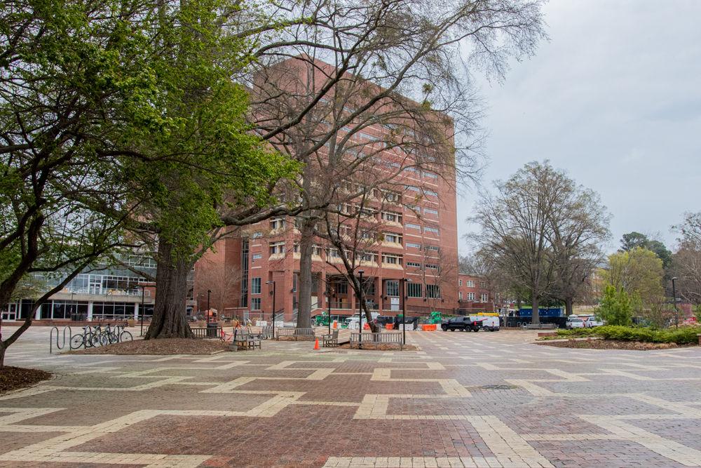 The Brickyard, which is usually crowded as many students walk through it during their daily commute, remains empty during the extended spring break on Tuesday, March 17, 2020. NC State&#8217;s campus remains empty during the extended spring break and students with housing on campus were instructed to remain home after the conclusion of the break as dorms and most in person functionality of NC State has been deemed unsafe during the COVID-19 outbreak. Students have until Sunday, March 22, to gather essentials and leave campus till further notice.