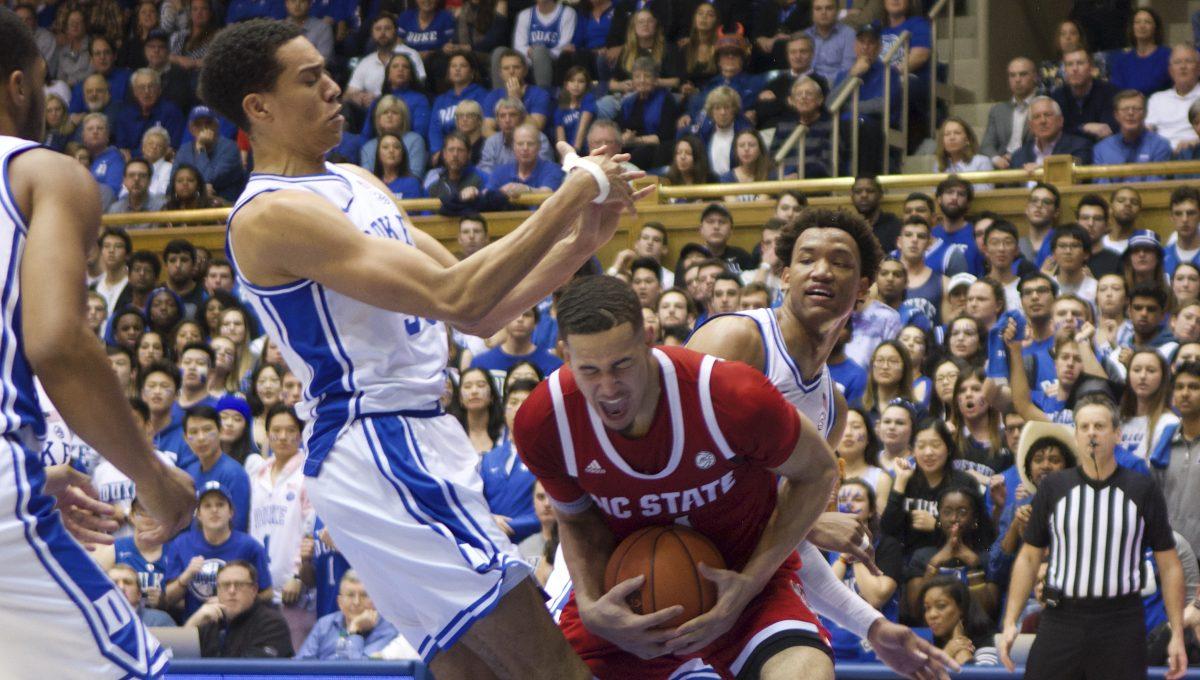 Sophomore forward Jericole Hellems handles the ball on the interior against Duke on Monday, March 2 at Cameron Indoor Stadium. Hellems scored 14 points as the Wolfpack lost 88-69.