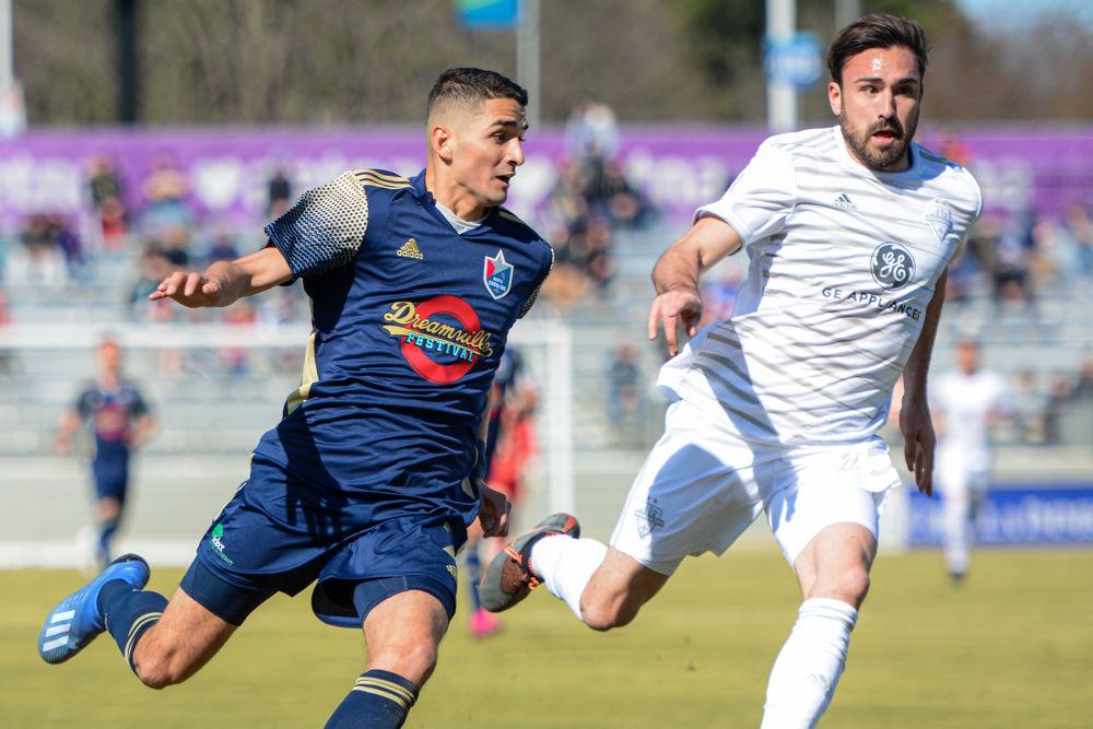 Midfielder Manny Perez races toward the ball at the NCFC game against Louisville City FC on Saturday, March 7, 2020 at&#160;Sahlen&#8217;s Stadium at WakeMed&#160;Soccer Park. The NCFC lost the game 0-1.