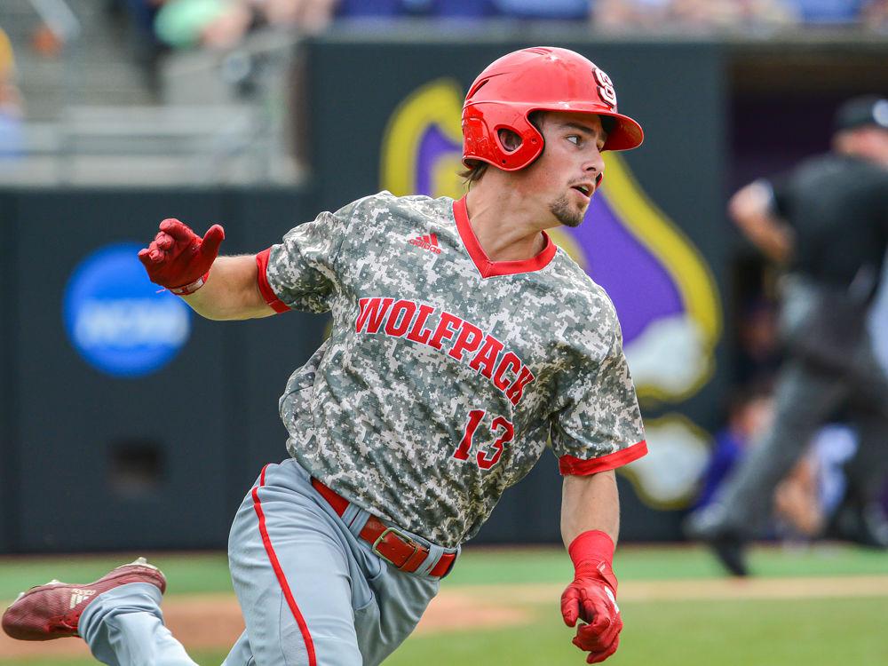 Freshman infielder Tyler McDonough approaches first base against ECU on Sunday, June 2, 2019 at Clark-LeClair Stadium in Greenville. McDonough went 0-4 with one strikeout in the Wolfpack&#8217;s 9-2 season-ending loss.