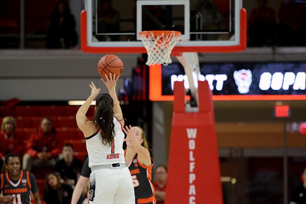 Senior guard Aislinn Konig shoots a three pointer against Syracuse at Reynolds Coliseum on Thursday, Feb. 27, 2020. Konig put up 13 points during senior night and NC State won 69-60.