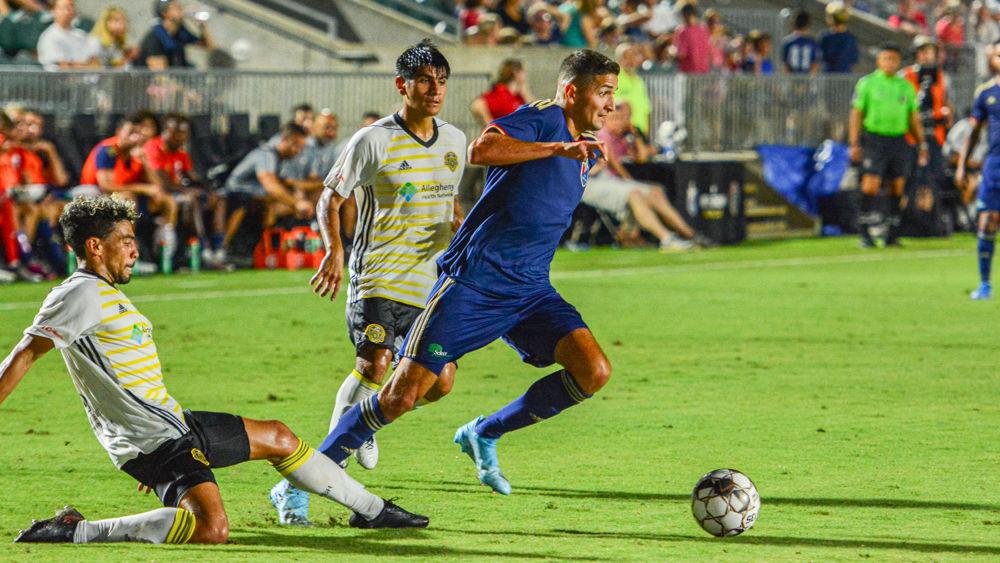 NCFC midfielder Manny Perez dribbles against Pittsburgh Riverhounds SC on Saturday, Aug. 17, 2019 at WakeMed Soccer Park. NCFC won 5-0.