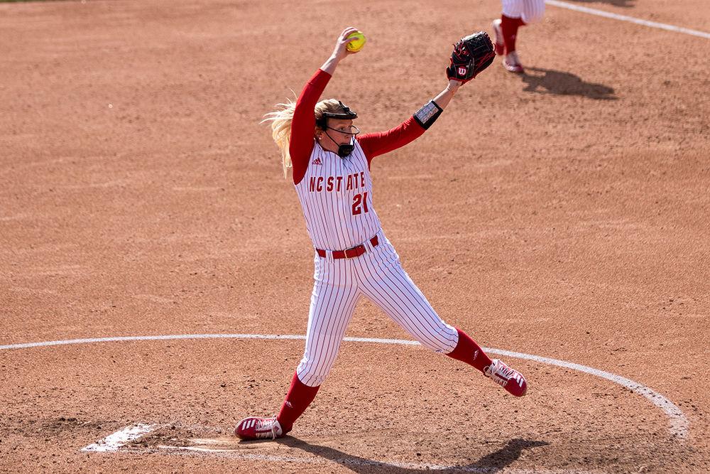 Sophomore pitcher Sydney Nester pitches during NC State&#8217;s 12-2 win over Lehigh on Friday, Feb. 28, 2020 at Dail Softball Stadium. Nester had three strikeouts en route to her seventh win of the year.