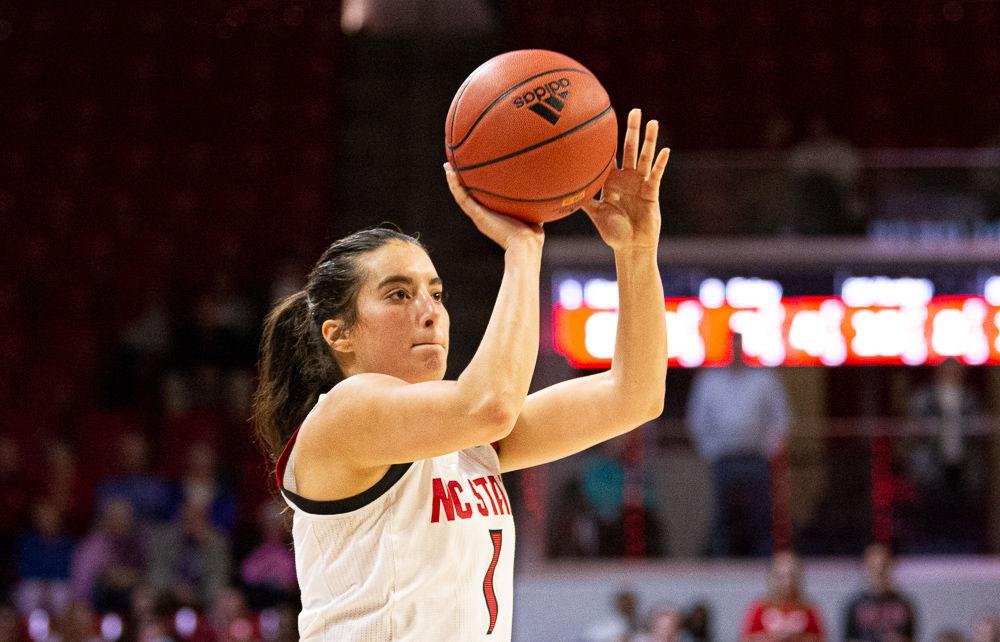 Senior guard Aislinn Konig shoots against Syracuse on Thursday, Feb. 27 at Reynolds Coliseum. Konig recorded team-highs of 13 points and five assists as the Wolfpack won 69-60.