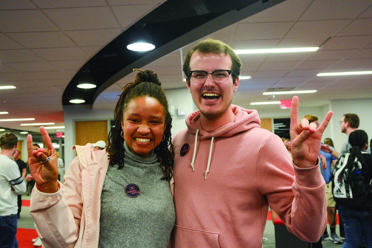 Melanie Flowers, a third-year studying communication, and McKenzy Heavlin, a third-year studying electrical engineering, celebrate their candidacy making the runoff ticket for student body president and vice president in the Student Involvement Center on Wednesday, March 4, 2020. In order to win Student Body President and Vice President, the candidates must receive over 50% of the vote, or a runoff election is held between the top two tickets. Since neither had the majority vote, there will be a runoff between Melanie Flowers and McKenzy Heavlin against Carlie Higgins and Powell Braddock on Thursday, March 5, 2020 from 8 a.m. to 8 p.m.