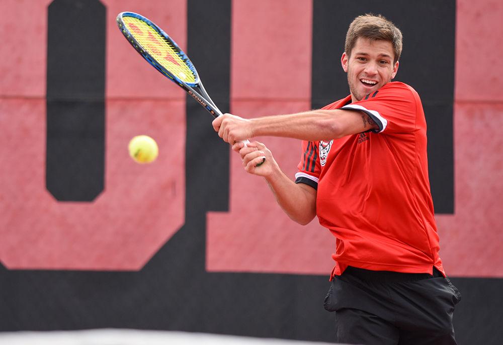 Junior Alexis Galarneau, playing first seed in singles, returns a ball during a match against the South Carolina Gamecocks at the J.W. Isenhour Tennis Center on Saturday, Feb. 9, 2019. The Wolfpack lost 6-1 to the Gamecocks and won 7-0 against the North Carolina A&amp;T Aggies later that day.