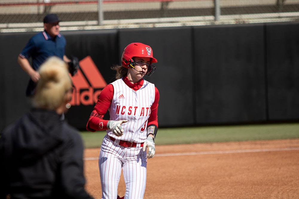 Sam Russ rounds the bases after hitting a solo home run on Friday, Feb. 28 at Dail Softball Stadium. NC State won 12-2 against Lehigh University in only six innings.