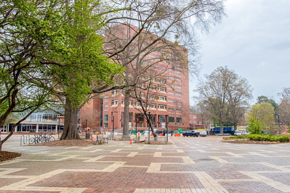 The Brickyard, which is usually crowded as many students walk through it during their daily commute, remains empty during the extended spring break on Tuesday, March 17, 2020. NC State&#8217;s campus remains empty during the extended spring break and students with housing on campus were instructed to remain home after the conclusion of the break as dorms and most in person functionality of NC State has been deemed unsafe during the COVID-19 outbreak. Students have until Sunday, March 22, to gather essentials and leave campus till further notice.