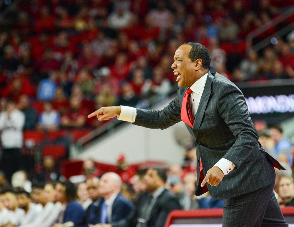 Head coach Kevin Keatts yells at his team during the game versus UNC on Monday, Jan. 27, 2020 in PNC Arena. NC State lost to UNC 75-65.