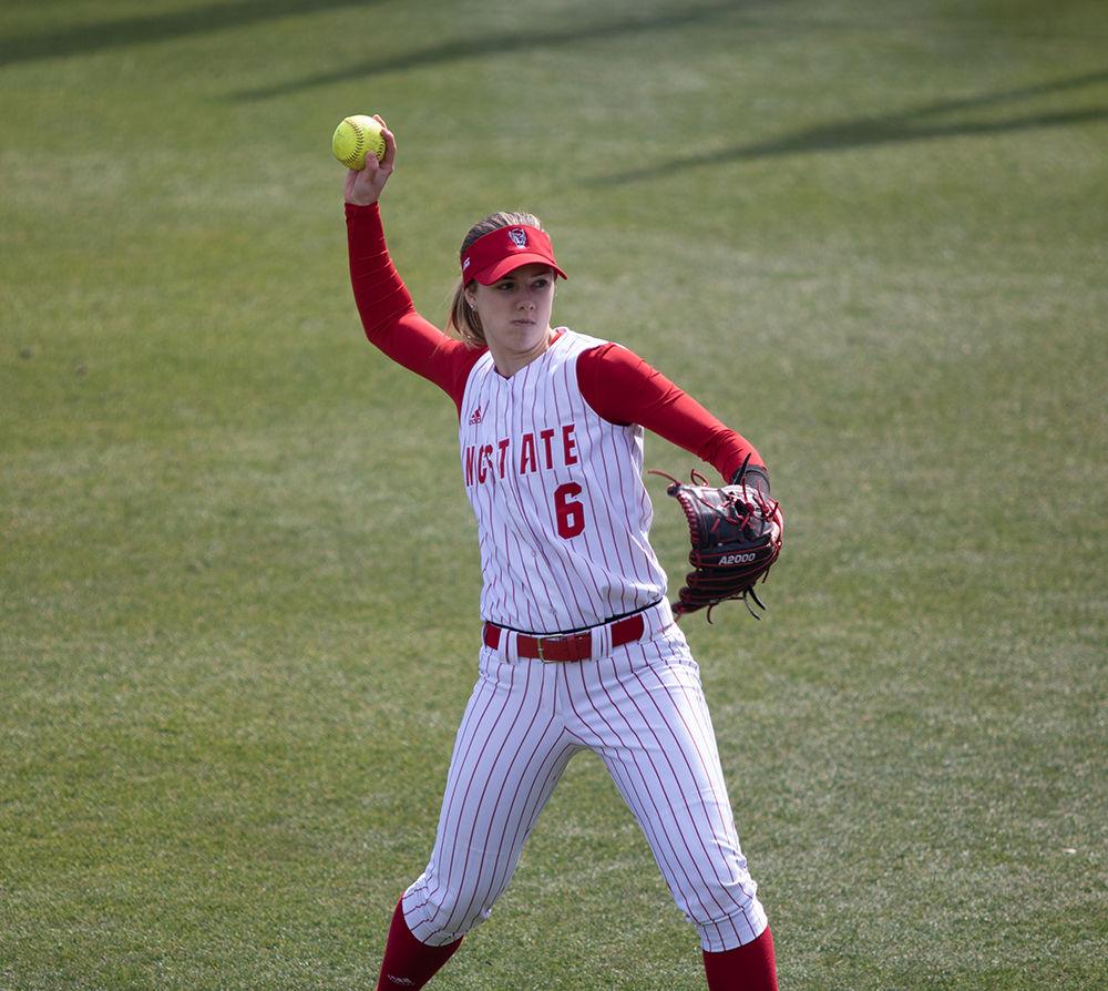 Freshman Kelsey O&#8217;Connor, throws to her teammate while warming up in between innings on Friday, Feb. 28 at Dail Softball Stadium. NC State beat Lehigh 12-2 in only six innings.