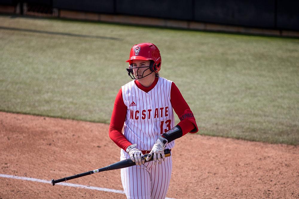 Redshirt junior, Randi Farricker, walks up to bat during NC State&#8217;s 12-2 victory over Lehigh on Friday, Feb. 28 at Dail Softball Stadium. Farricker scored two runs off one hit.