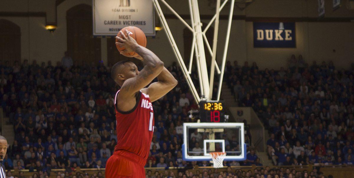 Redshirt senior guard C.J. Bryce shoots against Duke on Monday, March 2 at Cameron Indoor Stadium. Bryce scored 14 points as the Wolfpack lost 88-69.