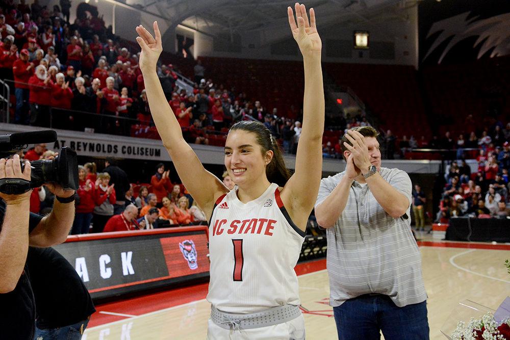 Senior guard Aislinn Konig thanks the crowd after being recognized during the senior night game against Syracuse at Reynolds Coliseum on Thursday, Feb. 27, 2020. Konig scores 13 points and NC State won 69-60.