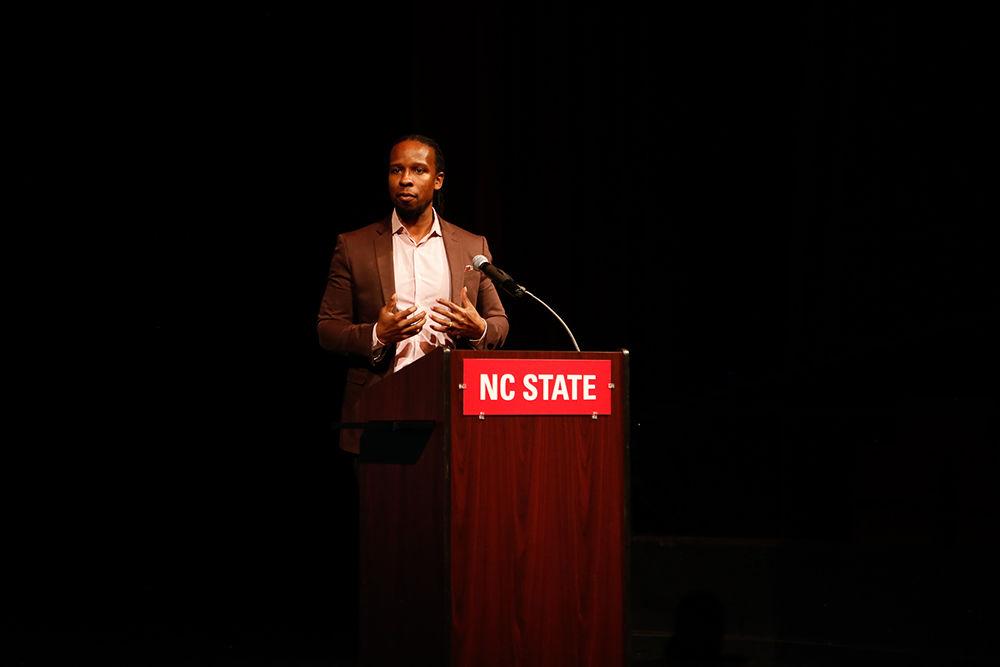 Ibram X. Kendi presents his framework and ideas with students, alumni, and guest at the Stewart Theatre on Monday, Jan. 13, 2020. Kendi recieved the 2012 W.E.B. Du Bois Book Prize for The Black Campus Movement that changed access and inclusion throughout higher education for the black community.