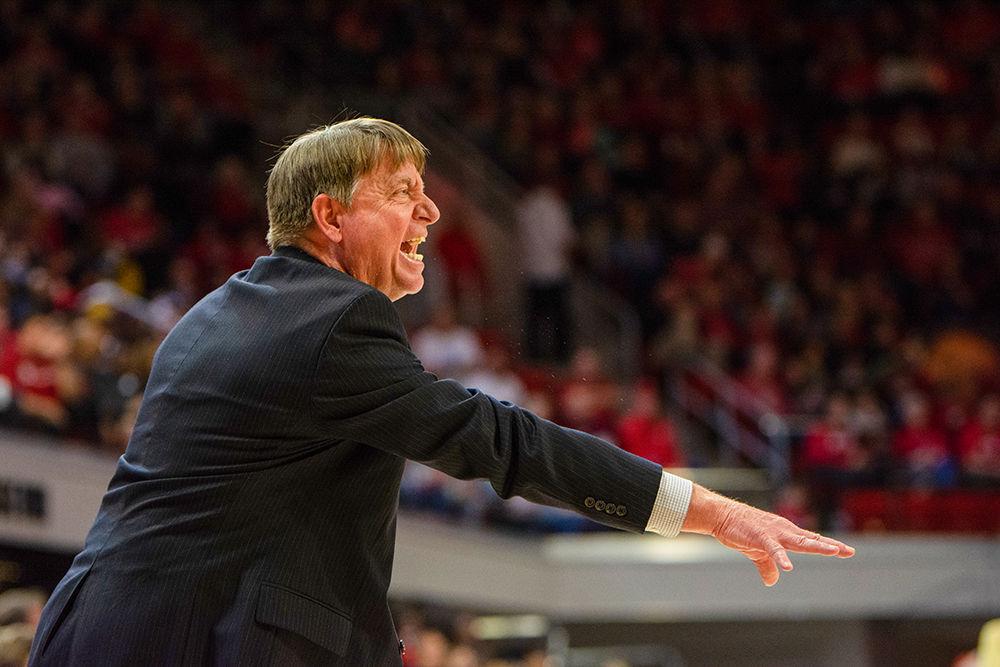 Head coach Wes Moore yells from the sideline during the game against Georgia Tech on Sunday, Feb. 16, 2020 at Reynolds Coliseum. The Wolfpack lost 65-61.