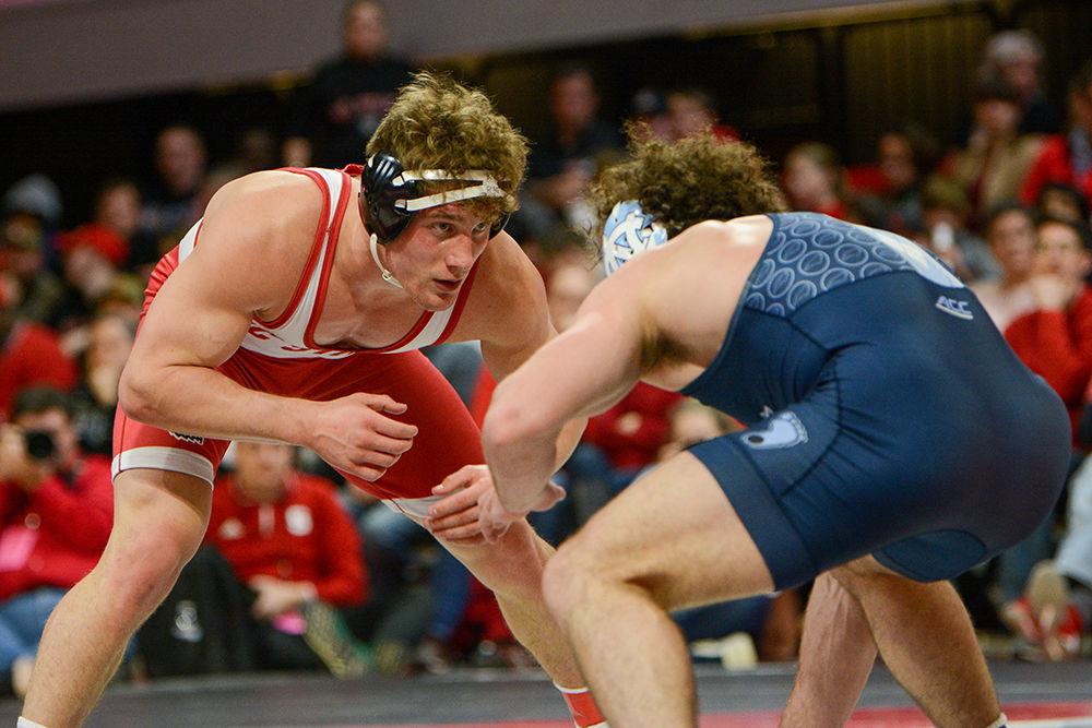 Trent Hidlay, a Redshirt freshman wrestling at 184 pounds, stares down his opponent in the match against the UNC Tar Heels on Saturday, Feb. 7, 2020. Hidlay won a bronze medal at the Junior World Championships in Estonia in August of 2019.