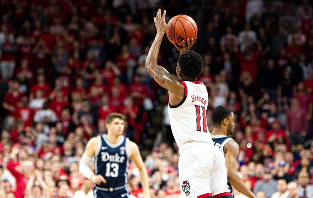Senior guard Markell Johnson hits a buzzer-beater to end the first half against Duke on Wednesday, Feb. 19, 2020 at PNC Arena. Johnson scored a game-high 28 points and recorded nine rebounds and four assists as the Wolfpack upset No. 6 Duke 88-66.