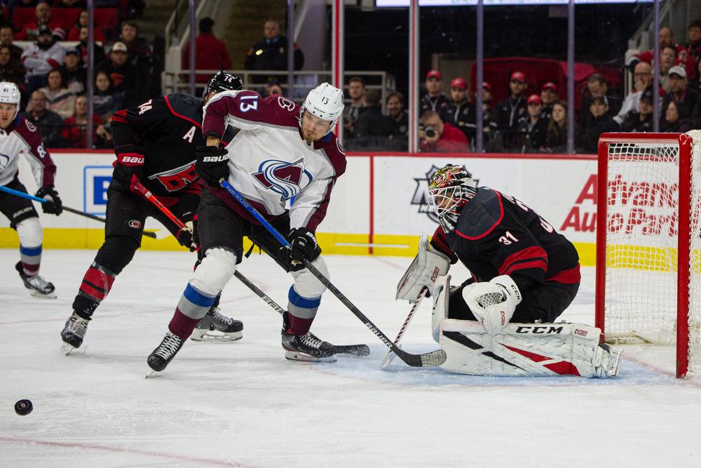 Hurricanes goal tender Anton Forsberg has a shot rebound off him versus the Avalanche on Friday, Feb. 28, 2020 at PNC Arena. Forsberg blocked 29 of the 32 shots he faced in the loss to the Colorado Avalanche.