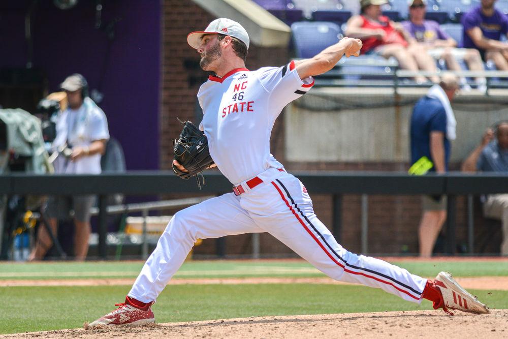 Sophomore pitcher Nick Swiney delivers the ball against Campbell on Friday, May 31, 2019 at Clark-LeClair Stadium in Greenville. Swiney pitched four innings, striking out seven while giving up two walks. The Wolfpack lost 5-4.