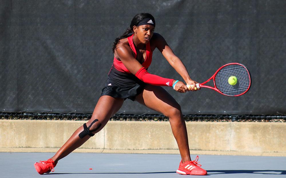 Alana Smith, a sophomore studying political science, returns the ball in her singles match on March, 1 2020 against Virginia at J.W. Isenhour Tennis Center. Smith holds a 32-13 record in singles overall.