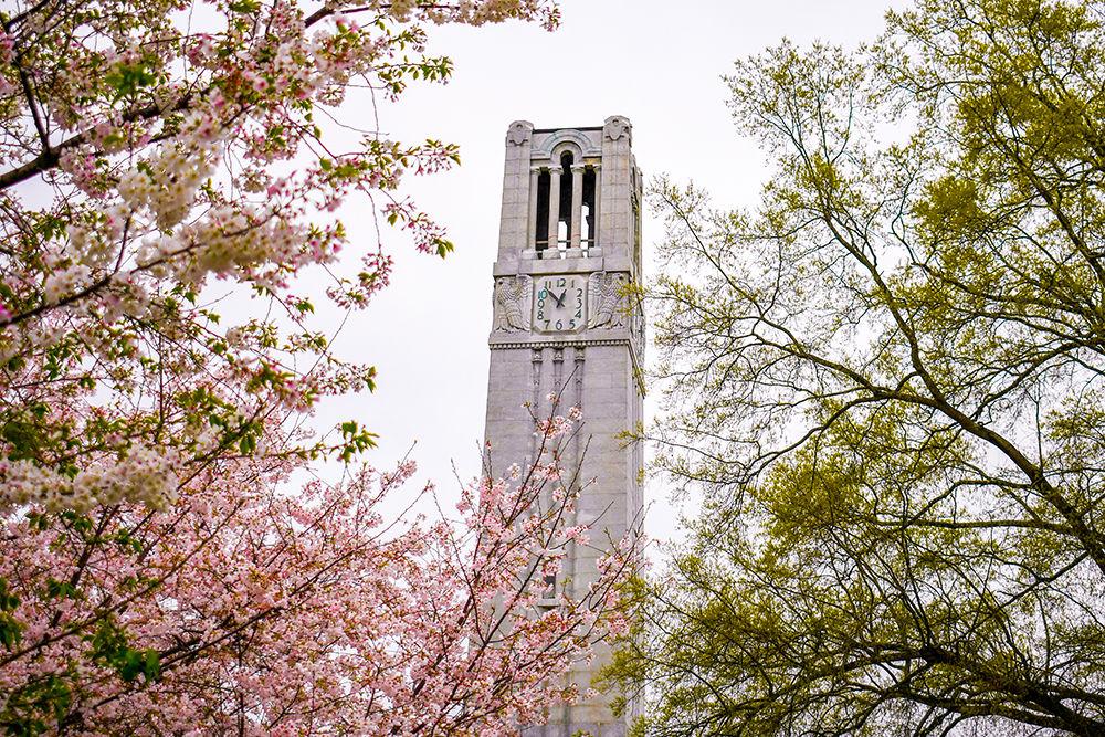 The NC State Memorial Belltower on Wednesday, March 26, 2020 on NC State University's main campus.