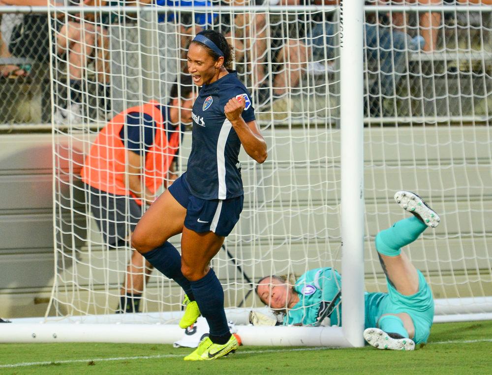 NC Courage and national team forward Lynn Williams celebrates scoring against the Orlando Pride on Saturday, Sept. 14, 2019 at WakeMed Soccer Park. The Courage won 6-1.