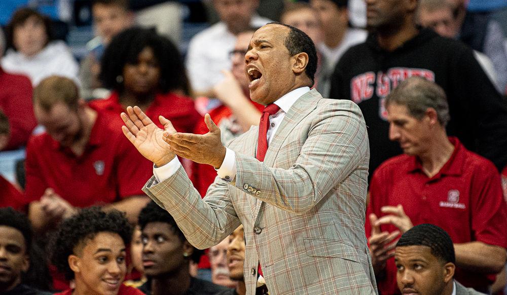 Head coach Kevin Keatts encourages his team during the game against North Carolina on Tuesday, Feb. 25, 2020 at the Dean E. Smith Center. The Wolfpack lost 85-79.