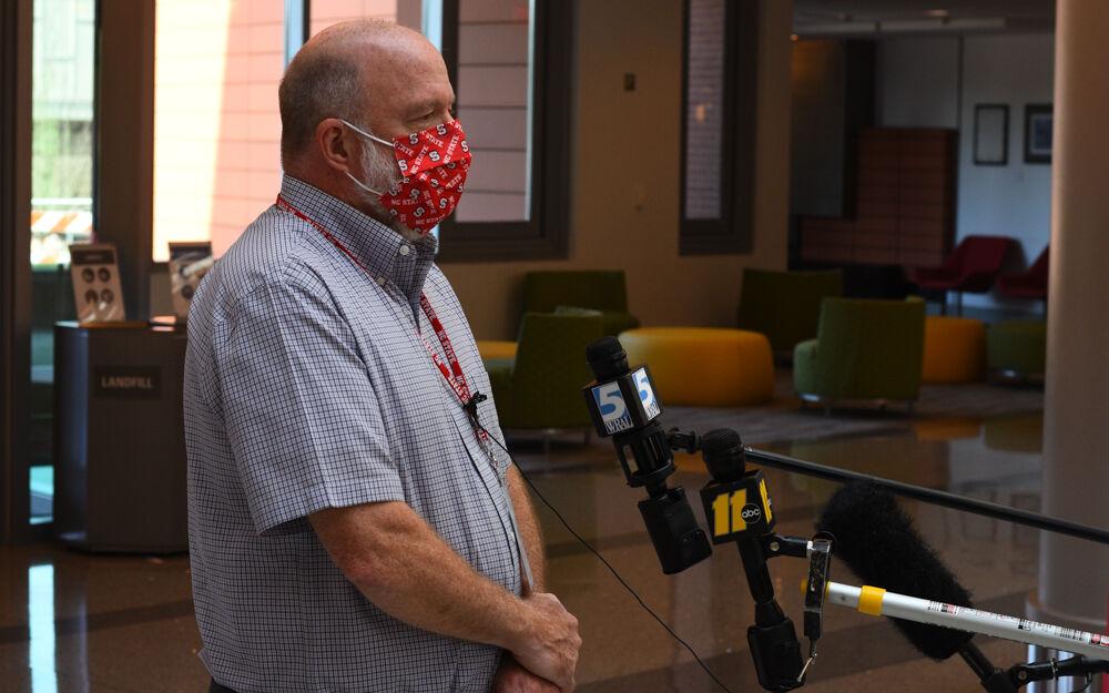 Tim Hogan, director of NC State's student centers, takes questions from the press about changes to Talley Student Union due to COVID-19 during a tour given to the media on July 19, 2020 in Talley Student Union.