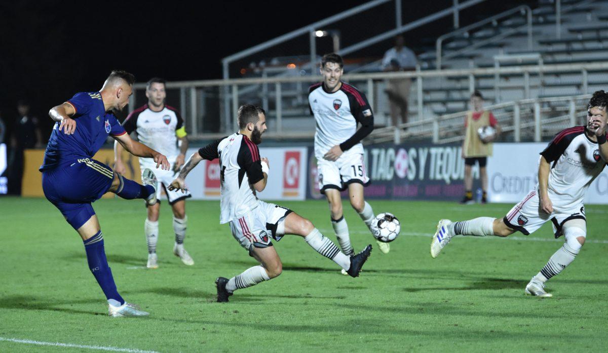 Robbie Kristo shoots and nets NCFC&#8217;s second goal in their 3-1 win over the Ottawa Fury FC on Saturday Sept. 28, 2019 at WakeMed Soccer Park. Kristo came on as a sub in the second half and immediately made his presence felt.